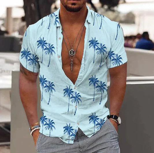 Men's short-sleeve shirt – Relaxed fit – Tropical print – Natural fibers
