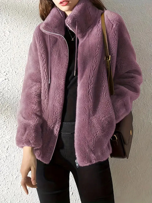 Women's Jacket - Soft Fleece - Oversized Cut - Stand Collar - Zipper Closure