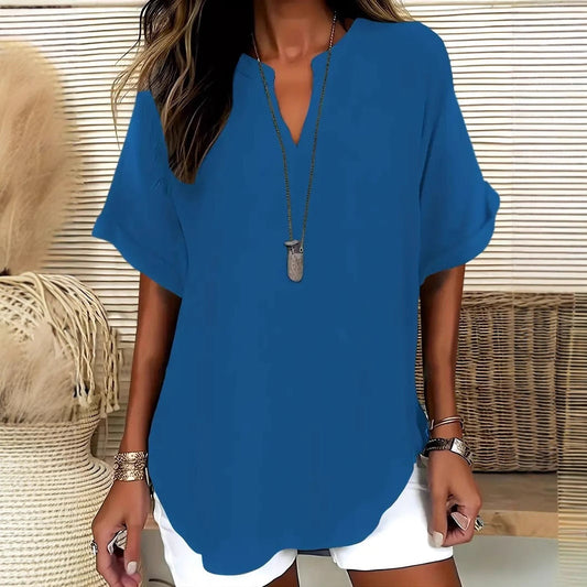 Women's Blouse – Relaxed Fit – Short Sleeves – Breathable Natural Fibers