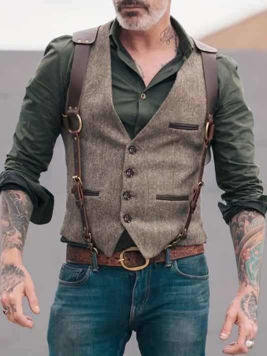 Men's vest – Slim fit – Textured fabric – V-neck – Leather details