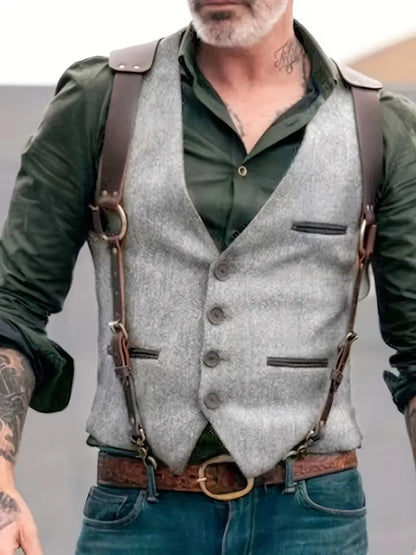 Men's vest – Slim fit – Textured fabric – V-neck – Leather details
