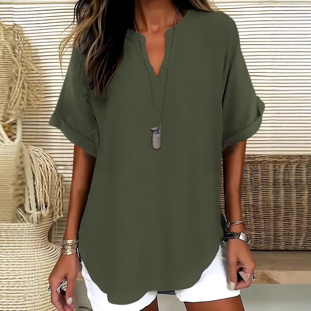 Women's Blouse – Relaxed Fit – Short Sleeves – Breathable Natural Fibers