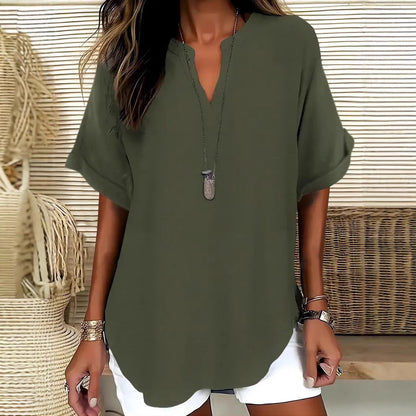 Women's Blouse – Relaxed Fit – Short Sleeves – Breathable Natural Fibers