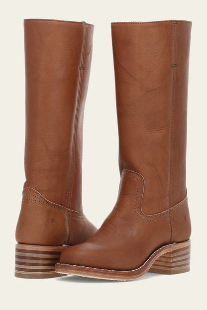 Lucia Leather Mid-Calf Western Boots | Stacked Heel Boots