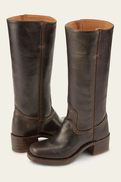 Lucia Leather Mid-Calf Western Boots | Stacked Heel Boots