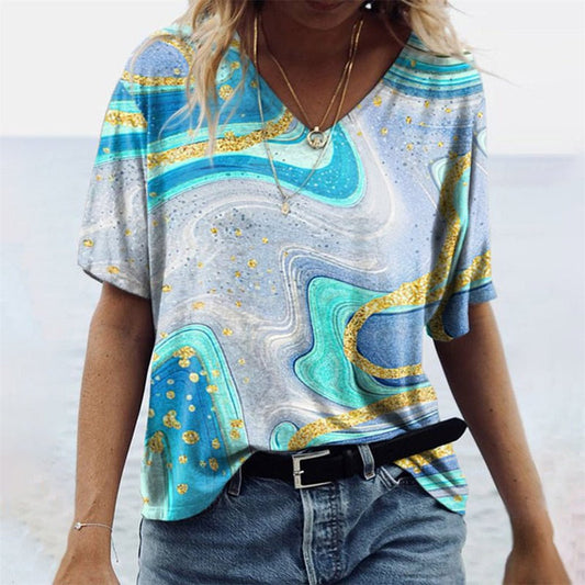 Women's T-shirt – Relaxed fit – V-neck – Short sleeves – Boho print