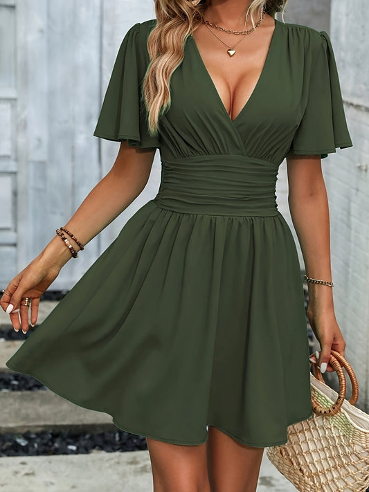 Women's Flared Dress – Plunging Neckline – Gathered Waist – Short Flutter Sleeves