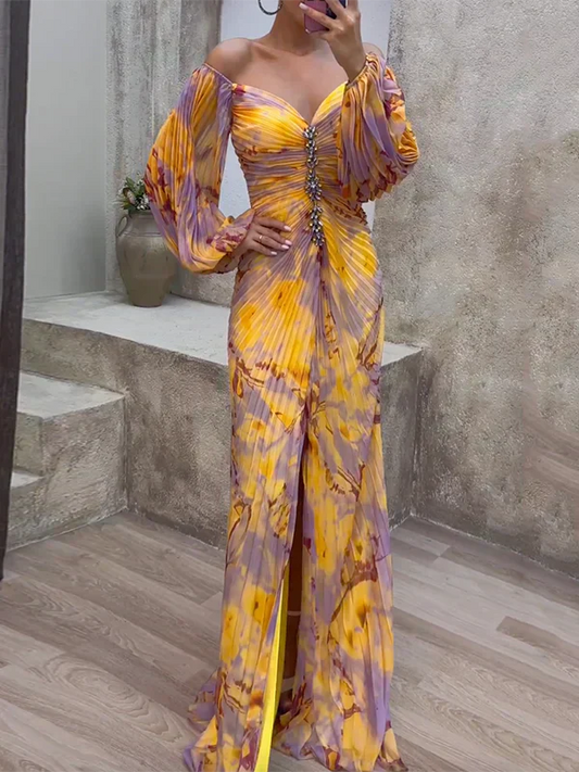 Women's evening dress – Bare shoulders – V-neck – Maxi length – Flowing fabric