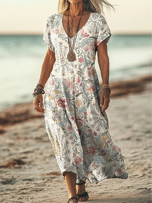 Women's long dress – Retro floral print – Relaxed fit – V-neck – Short sleeves – With pockets