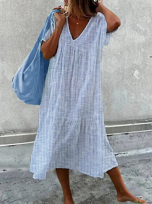 Robe midi femme – Coupe décontractée – Col V – Manches courtes – Tissu respirant – Rayée