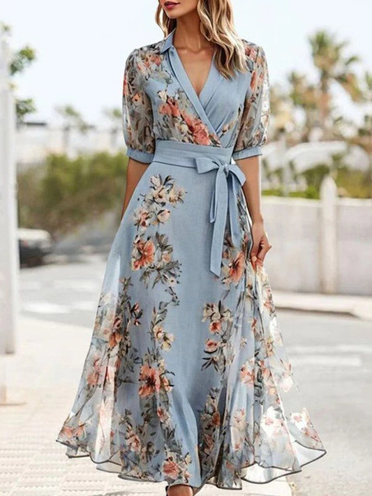 Women's midi dress – Wrap front – Flowing fabric – Puff sleeves – Belted waist
