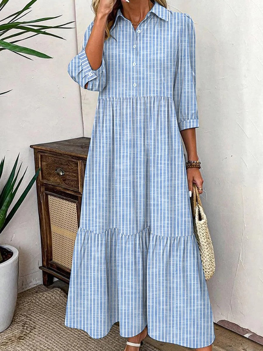 Women's long dress – Loose fit – Turn-down collar – 3/4 sleeves – Breathable fabric