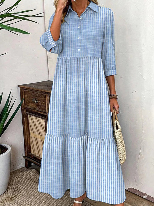 Women's long dress – Loose fit – Turn-down collar – 3/4 sleeves – Breathable fabric