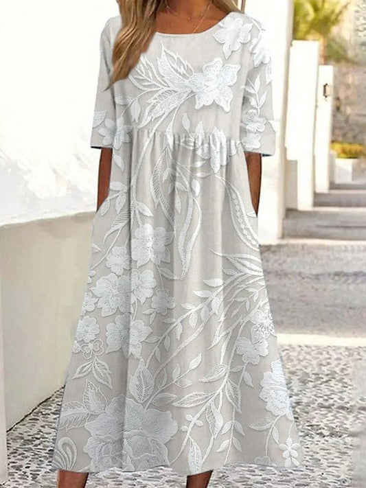 Women's flared dress – Floral lace – Short sleeves – Breathable fabric – Elegant midi