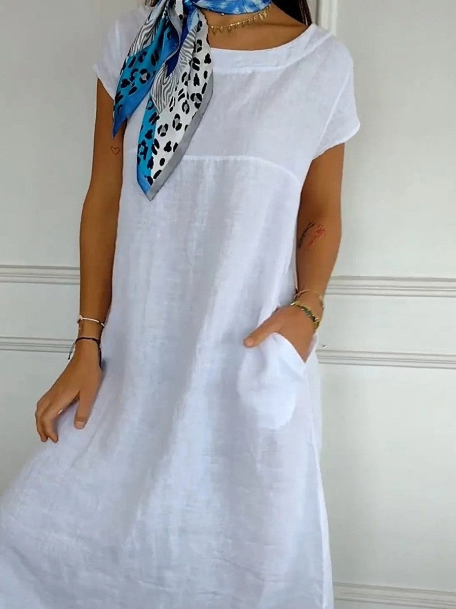 Women's midi dress – Relaxed fit – Short sleeves – Natural fibers – Pockets