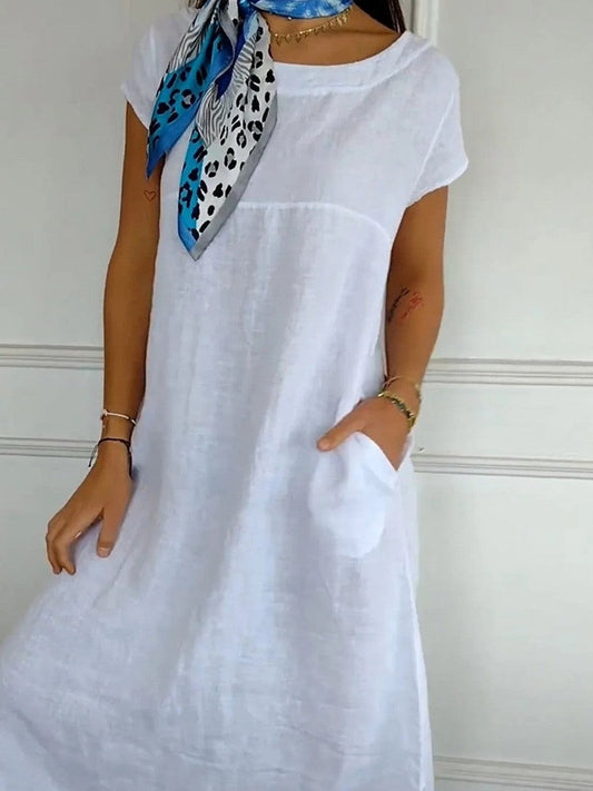 Women's midi dress – Relaxed fit – Short sleeves – Natural fibers – Pockets