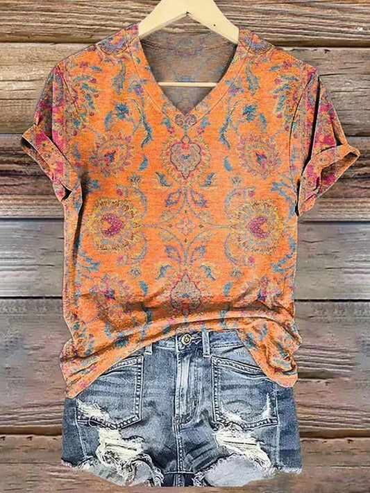 Women's V-neck top – Soft knit – Loose fit – Short rolled sleeves