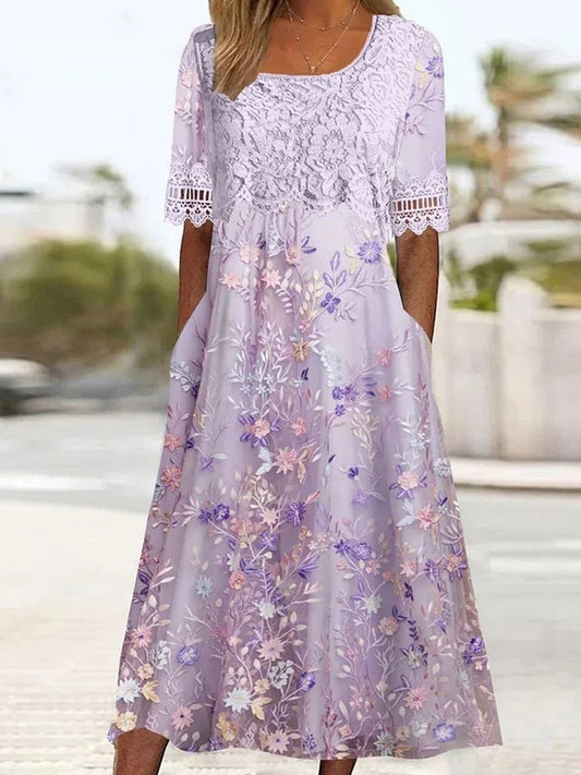 Women's midi dress – Fluid cut – Embroidered lace – Short sleeves – Side pockets