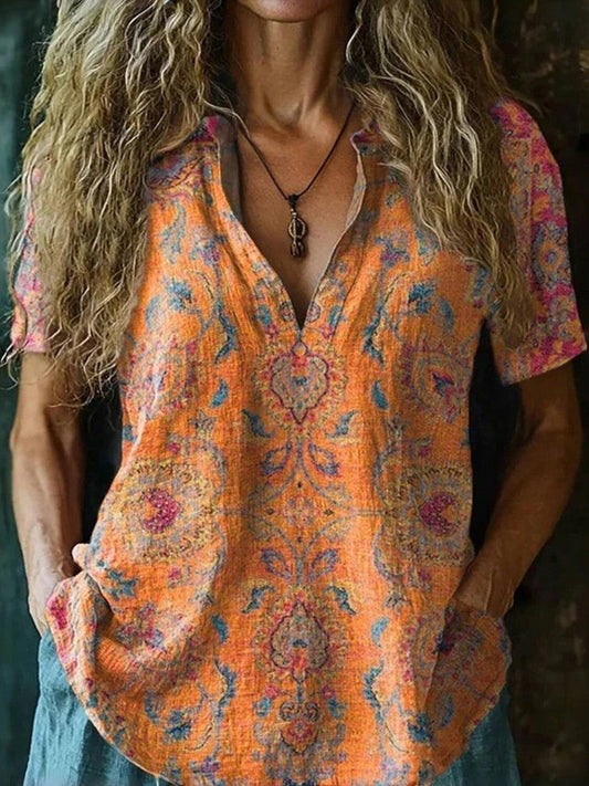 Women's V-neck top – Ethnic print – Loose fit – Short sleeves – Breathable fabric