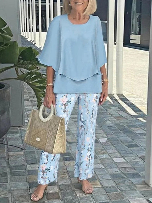 Women's Two-Piece Set – Flowy Layered Top – Loose Floral Pants – Breathable Fabric