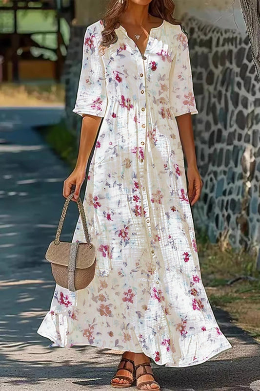Women's long dress – Natural fibers – Flowing cut – Floral print – Mid-length sleeves