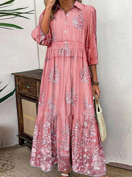 Women's long dress – Flared cut – Breathable fabric – 3/4 sleeves – Floral buttoned