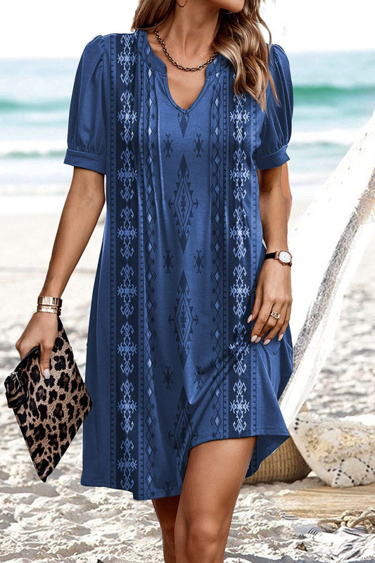 Women's mini dress – Relaxed fit – V-neck – Short puff sleeves – Geometric print – Breathable fabric