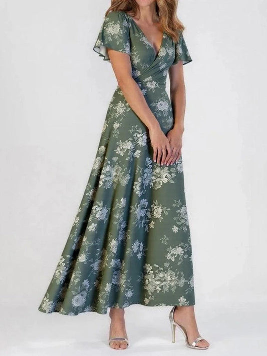 Women's long dress – Flowing cut – Breathable fabric – Short ruffled sleeves – V neck