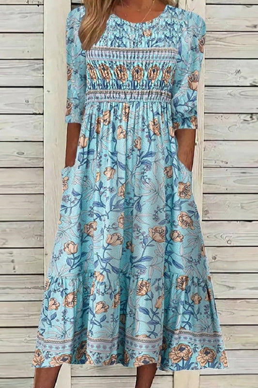 Women's midi dress – Flowing cut – Floral print – Breathable fabric – Mid-length sleeves