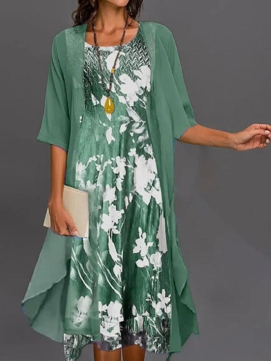 Midi-length women's two-piece dress – Flared cut – Floral print – Breathable fabric – Layered