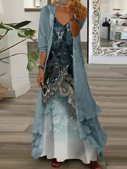 Women's Long Dress – Two-Piece Set – V-Neck – Printed – Airy Fabric