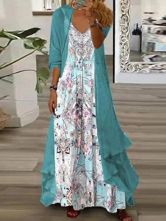 Long women's two-piece dress – Flowing cut – Floral pattern – Breathable fabric – V neck