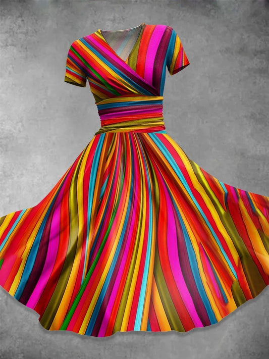 Casual women's dress – Fitted cut – Mid-length – Short sleeves – Breathable fabric – Striped print