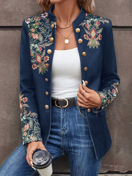 Veste femme sans col – Coupe ajustée – Broderies élégantes – Tissu luxueux – Boutonnée