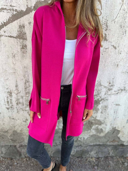 Veste à capuche femme – Coupe oversize – Longueur genou – Tissu doux – Fermeture zippée