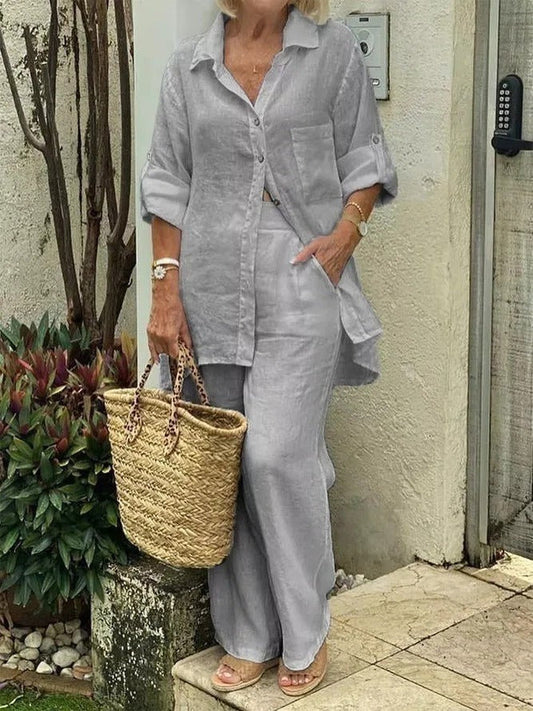 Women's set – Natural fibers – Long buttoned top – Wide flowing pants
