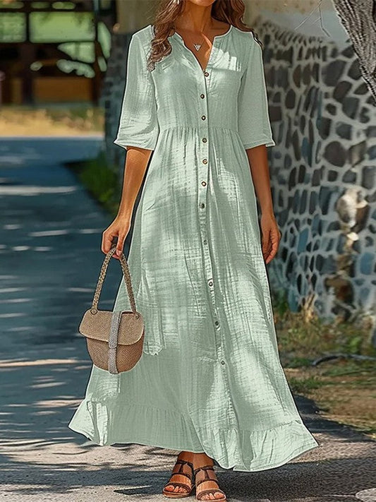 Women's long dress – Natural fibres – Fluid cut – Three-quarter sleeves – Buttoned