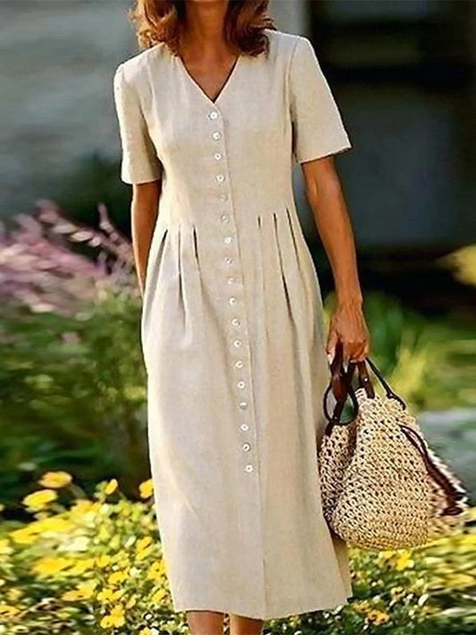 Women's midi dress – Natural fibers – Relaxed fit – Buttoned – Short sleeves