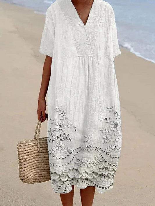 Robe midi femme – Coupe fluide – Col en V – Manches courtes – Broderie florale – Ourlet en dentelle