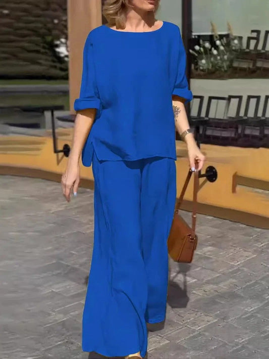 Women's Two-Piece Set – Breathable Fabric – Loose Top Mid-Length Sleeves – Wide-Leg High-Waist Pants
