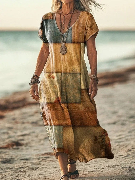 Women's Maxi Dress – Patchwork Pattern – V-neck – Flowing Fit