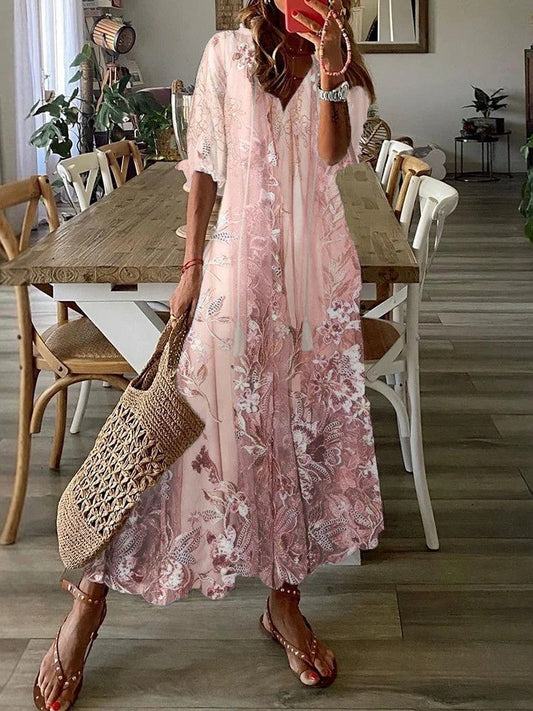 Women's long dress – Loose fit – V-neck – Floral lace – Three-quarter sleeves