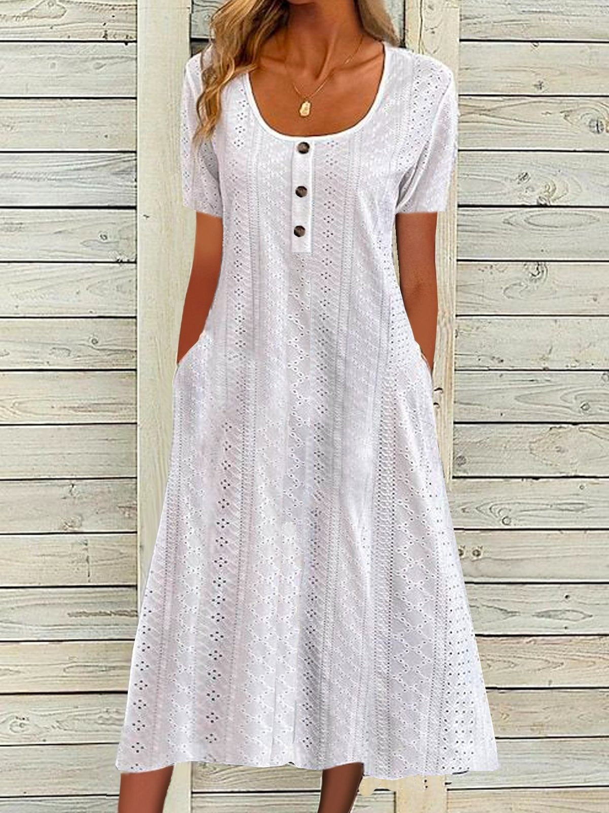 Women's long dress – Relaxed fit – Buttoned – Short sleeves – Breathable fabric