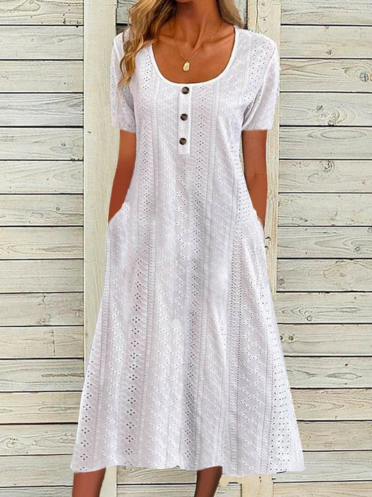 Women's long dress – Relaxed fit – Buttoned – Short sleeves – Breathable fabric