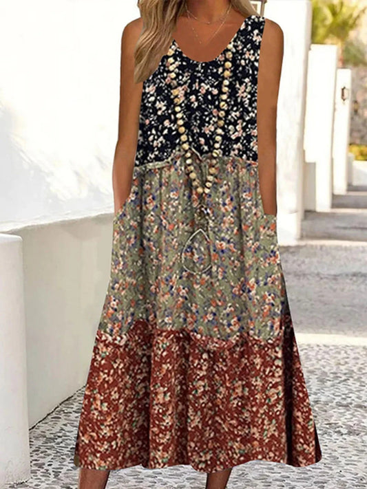 Women's dress – Flared cut – Sleeveless – V-neck – Floral print ruffles