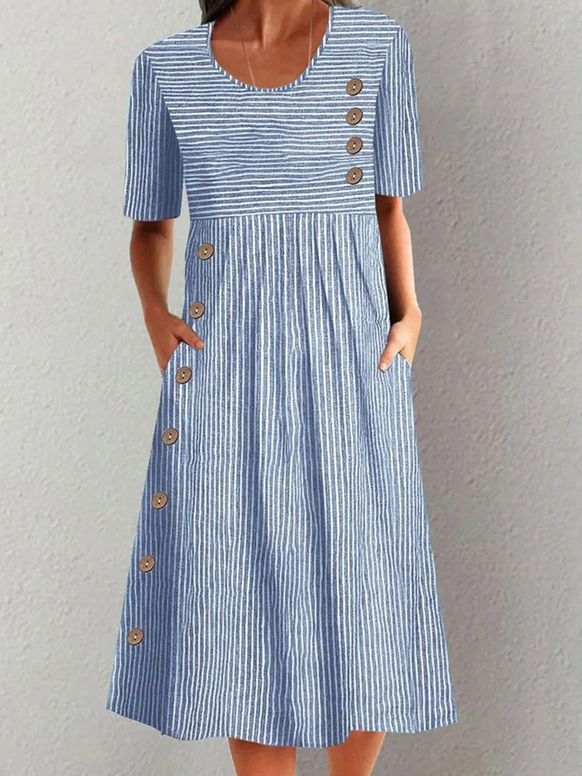 Robe midi femme – Coupe ample – Rayures contrastées – Boutons décoratifs – Tissu respirant
