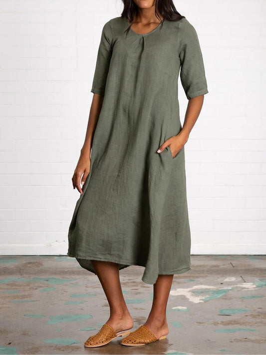 Women's midi dress – Natural fibers – Flowing cut – Mid-length sleeves – Pockets