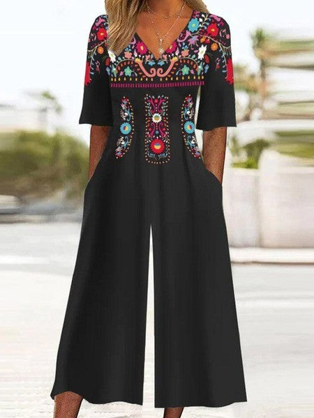 Women's Jumpsuit – Loose Fit – Wide Leg – V-Neck – Short Sleeves – Embroidered