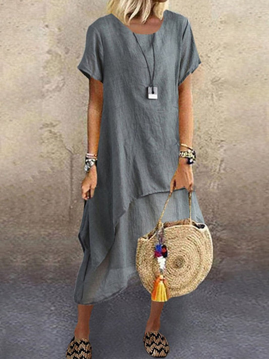 Casual women's dress – Loose fit – Natural fibers – Short sleeves – Mid-length