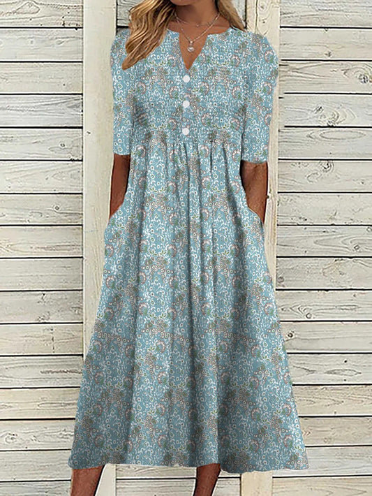 Midi dress for women – Loose fit – Floral print – Mid-length sleeves – Fluid fabric